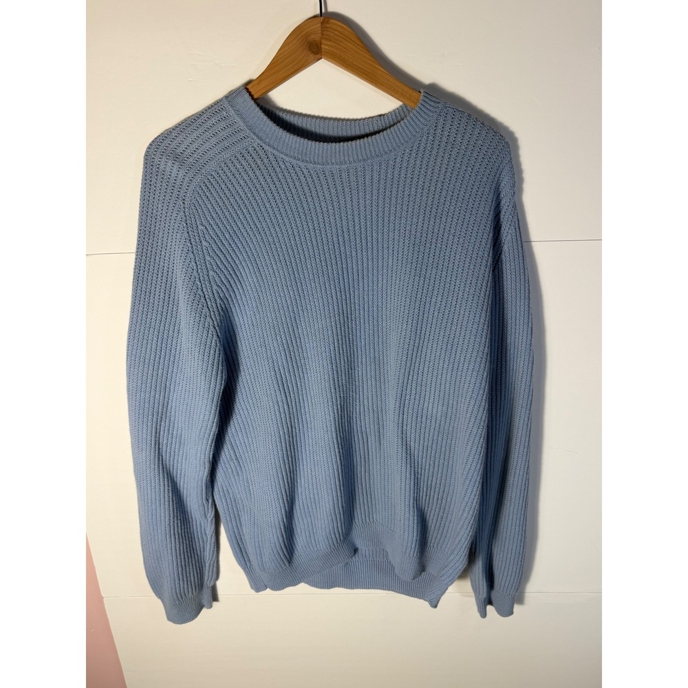 St Johns Bay Mens Large Blue Ramie Cotton Fisherman Ribbed Crewneck Sweater